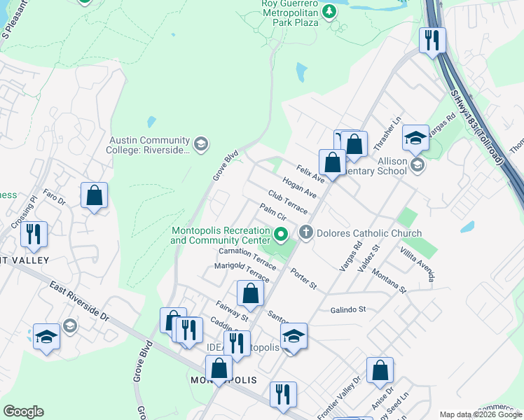 map of restaurants, bars, coffee shops, grocery stores, and more near 6101 Palm Circle in Austin