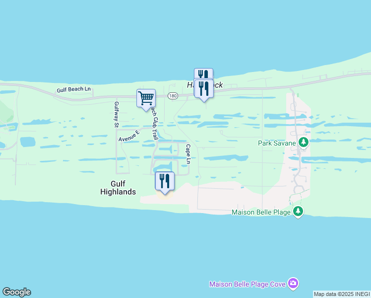 map of restaurants, bars, coffee shops, grocery stores, and more near 8841 Cape Lane in Gulf Shores