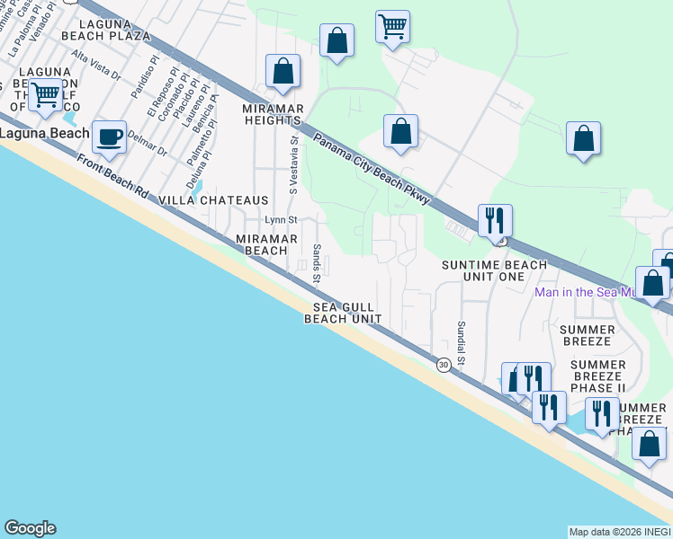 map of restaurants, bars, coffee shops, grocery stores, and more near 17690 Front Beach Road in Panama City Beach