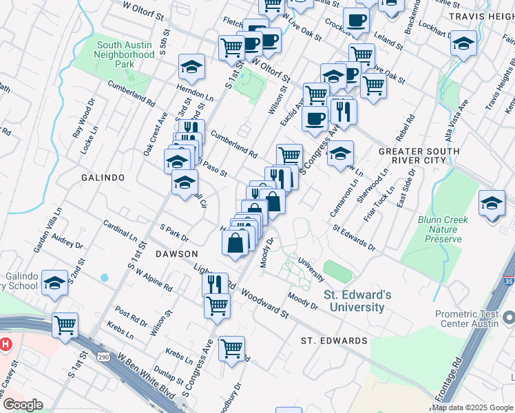 map of restaurants, bars, coffee shops, grocery stores, and more near 2901 Gem Circle in Austin