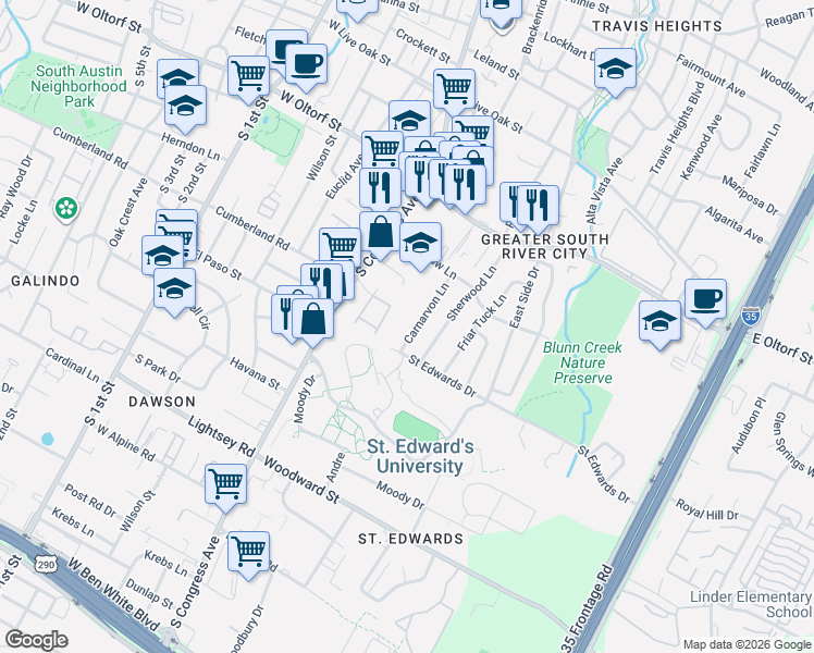 map of restaurants, bars, coffee shops, grocery stores, and more near 2703 Carnarvon Lane in Austin