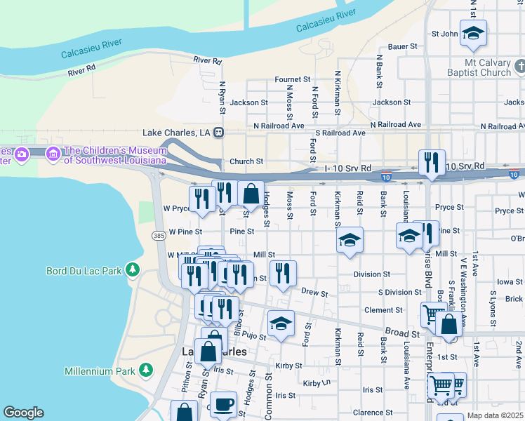 map of restaurants, bars, coffee shops, grocery stores, and more near 402 Hodges Street in Lake Charles