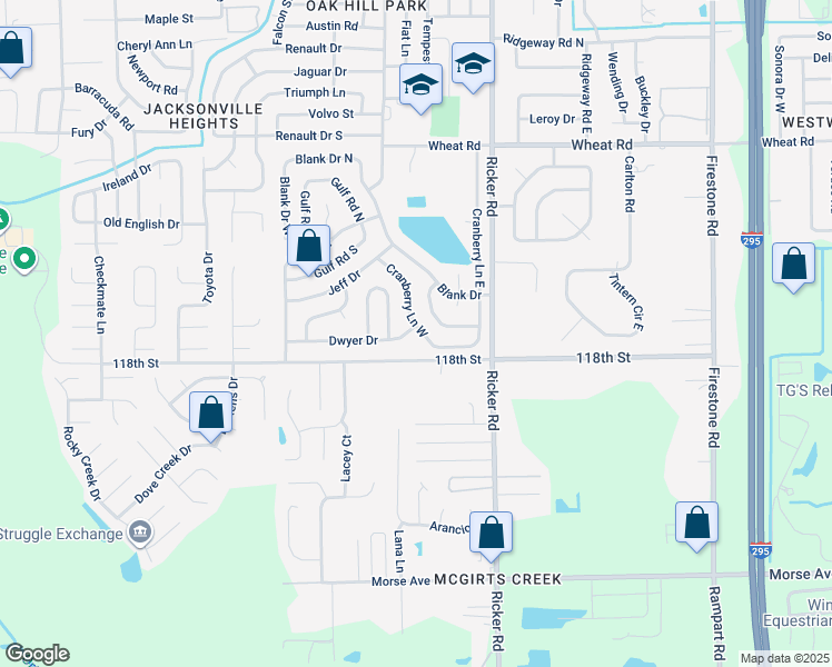 map of restaurants, bars, coffee shops, grocery stores, and more near 6319 Cranberry Lane West in Jacksonville