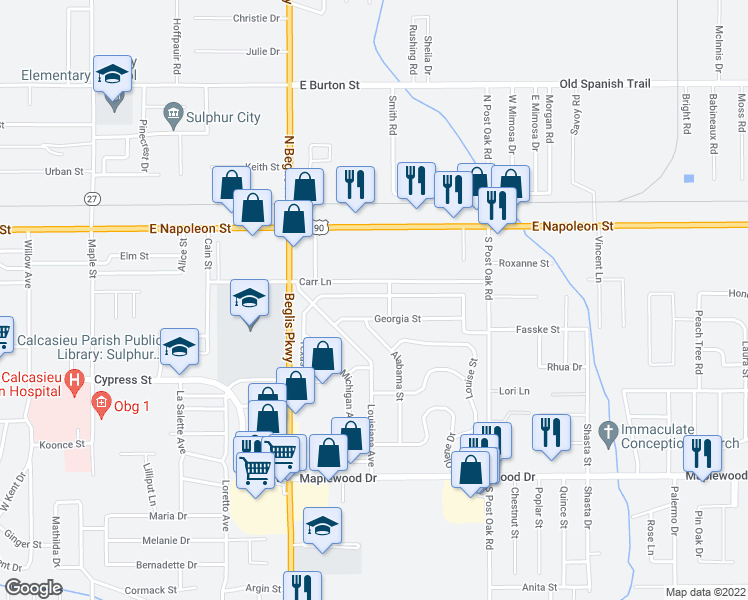 map of restaurants, bars, coffee shops, grocery stores, and more near 1120 Texas Street in Sulphur