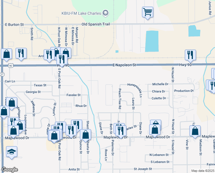 map of restaurants, bars, coffee shops, grocery stores, and more near 1065 Laura Cir in Sulphur
