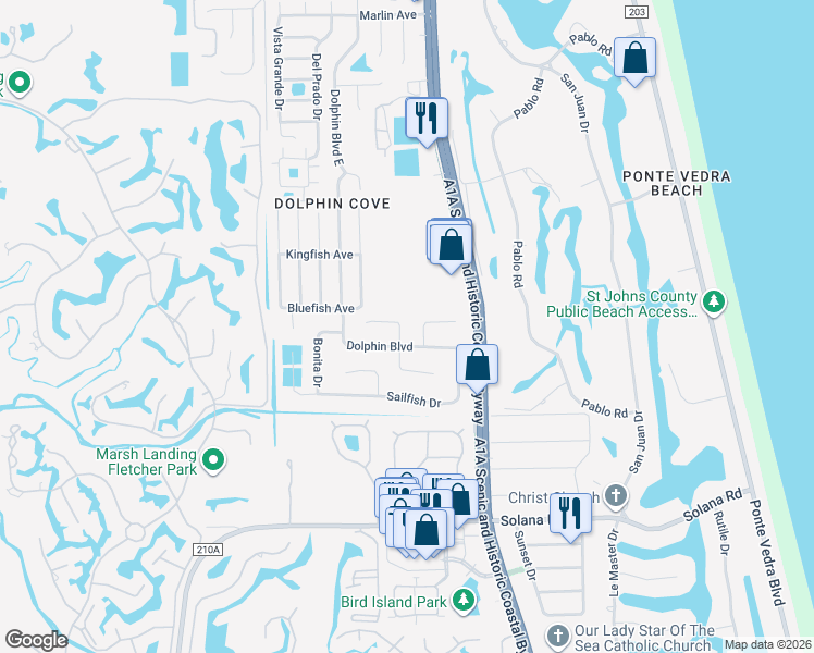 map of restaurants, bars, coffee shops, grocery stores, and more near 6 Tarpon Road East in Ponte Vedra Beach