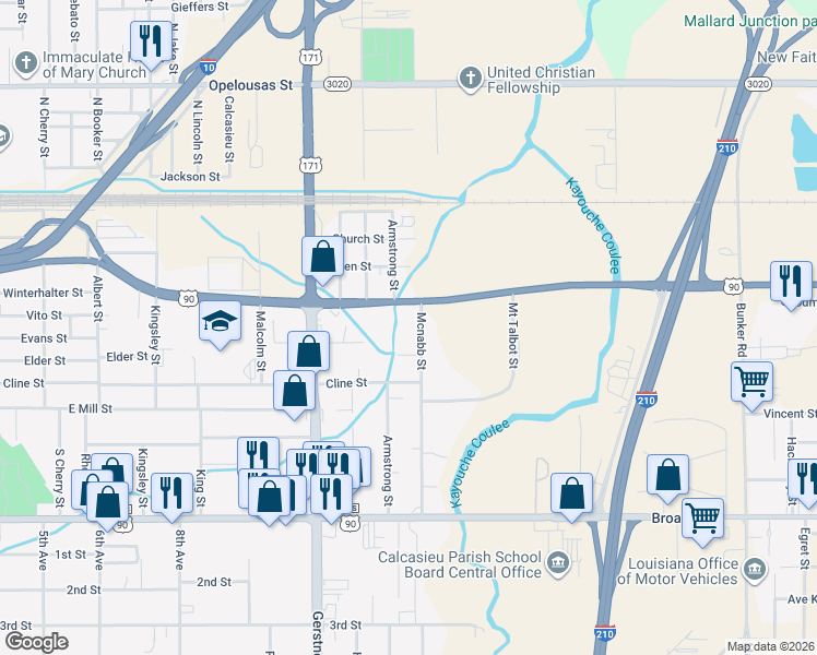 map of restaurants, bars, coffee shops, grocery stores, and more near 323 Mc Nabb St in Lake Charles