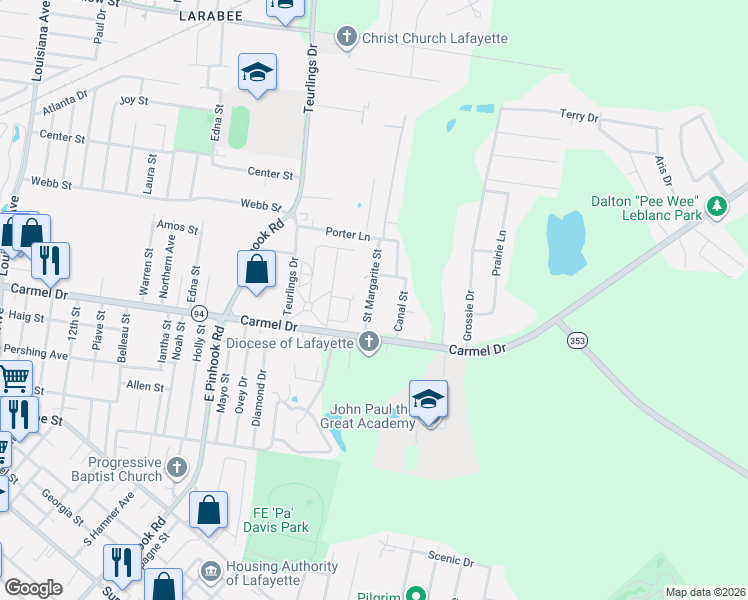 map of restaurants, bars, coffee shops, grocery stores, and more near 112 Saint Margarite Street in Lafayette