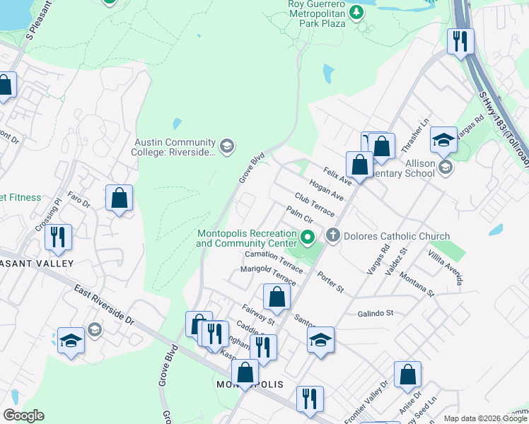map of restaurants, bars, coffee shops, grocery stores, and more near 1108 Lily Terrace in Austin