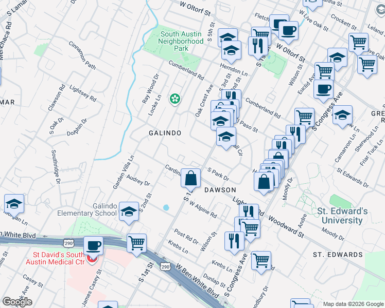 map of restaurants, bars, coffee shops, grocery stores, and more near 633 12 Oaks Lane in Austin