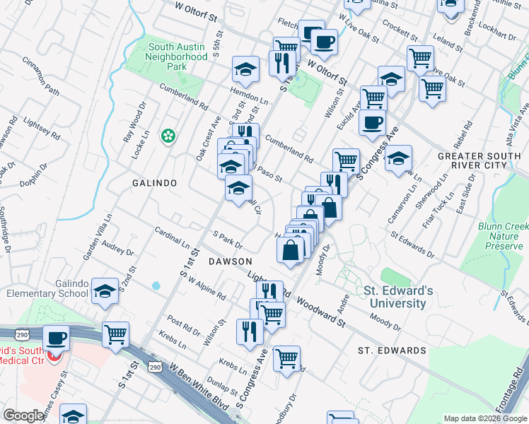 map of restaurants, bars, coffee shops, grocery stores, and more near 406 Powell Circle in Austin