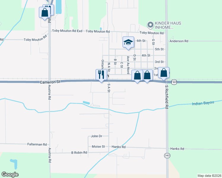 map of restaurants, bars, coffee shops, grocery stores, and more near 203 South A Street in Duson