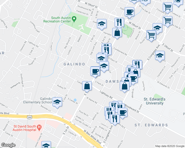 map of restaurants, bars, coffee shops, grocery stores, and more near 612 12 Oaks Lane in Austin