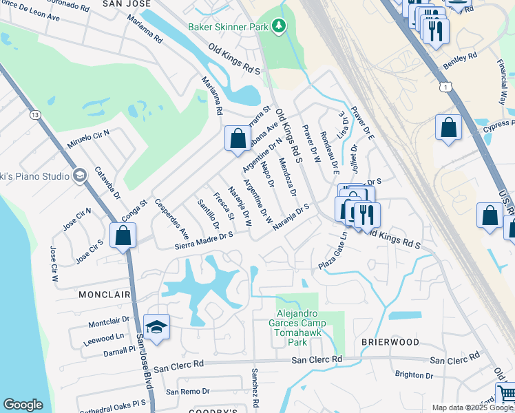 map of restaurants, bars, coffee shops, grocery stores, and more near 8026 Argentine Drive West in Jacksonville