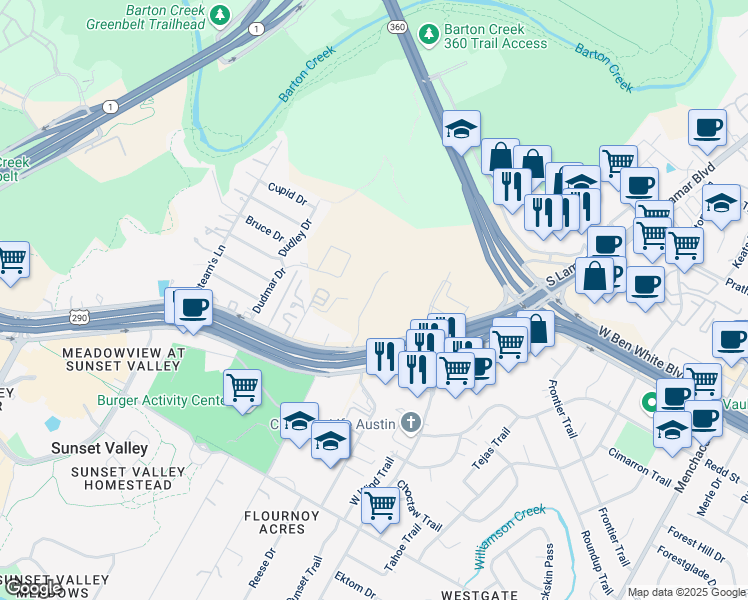 map of restaurants, bars, coffee shops, grocery stores, and more near 4604 South Lamar Boulevard in Austin