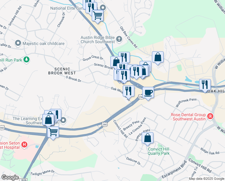 map of restaurants, bars, coffee shops, grocery stores, and more near 7213 Oak Meadow Drive in Austin