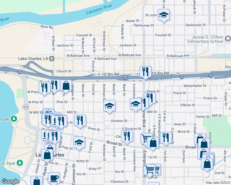 map of restaurants, bars, coffee shops, grocery stores, and more near 414 Reid St in Lake Charles