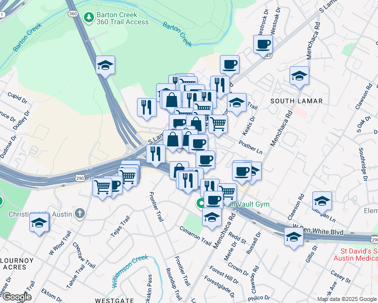 map of restaurants, bars, coffee shops, grocery stores, and more near 4211 South Lamar Boulevard in Austin