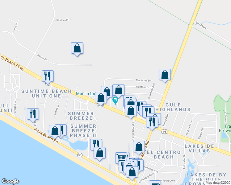 map of restaurants, bars, coffee shops, grocery stores, and more near 121 Coral Drive in Panama City Beach
