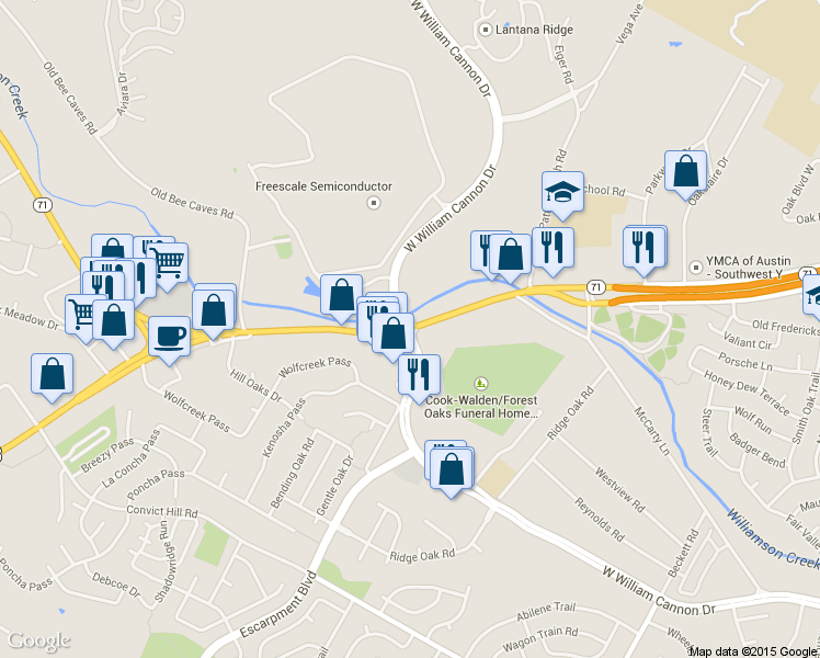 map of restaurants, bars, coffee shops, grocery stores, and more near U.S. 290 & W William Cannon Dr in Austin
