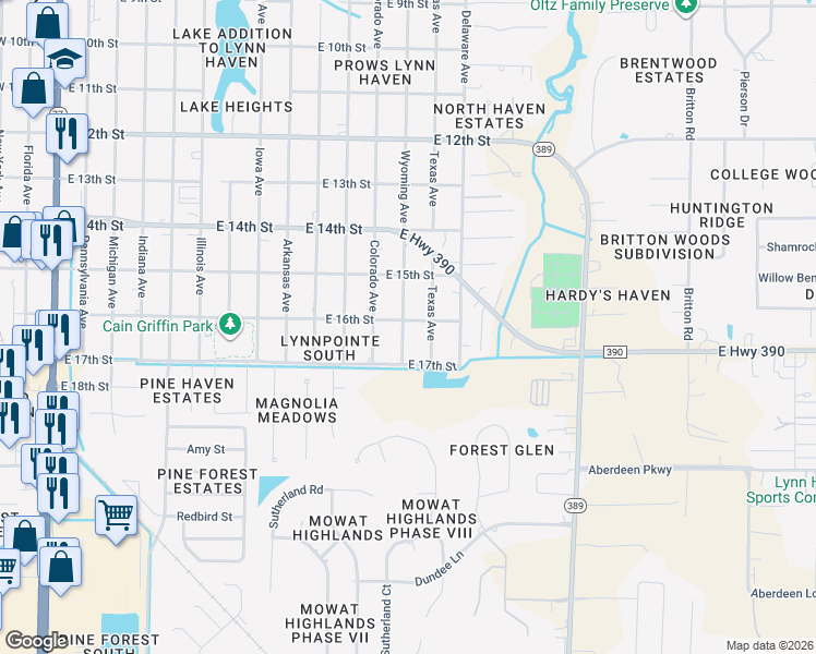 map of restaurants, bars, coffee shops, grocery stores, and more near 1601 Wyoming Avenue in Lynn Haven