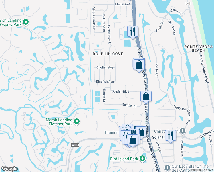 map of restaurants, bars, coffee shops, grocery stores, and more near 4 Bonita Drive in Ponte Vedra Beach