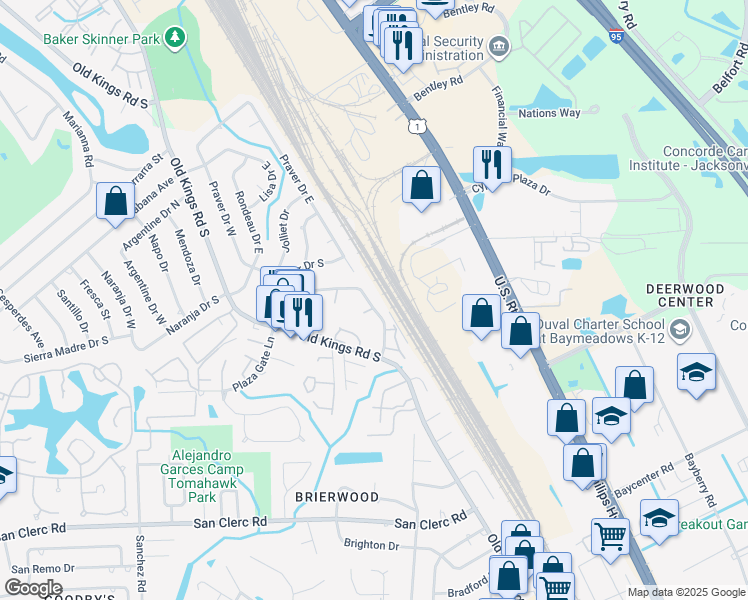 map of restaurants, bars, coffee shops, grocery stores, and more near 8137 San Jose Manor Drive East in Jacksonville