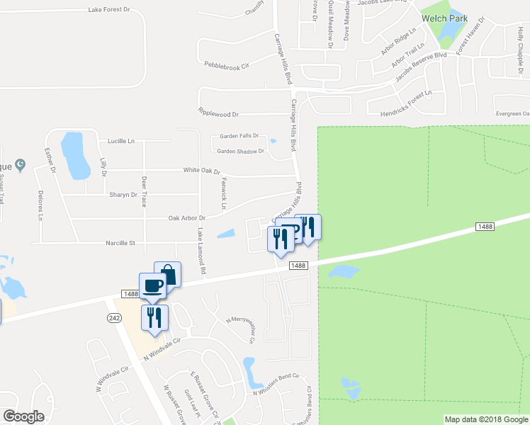 map of restaurants, bars, coffee shops, grocery stores, and more near 9010 Meacom Drive in Conroe