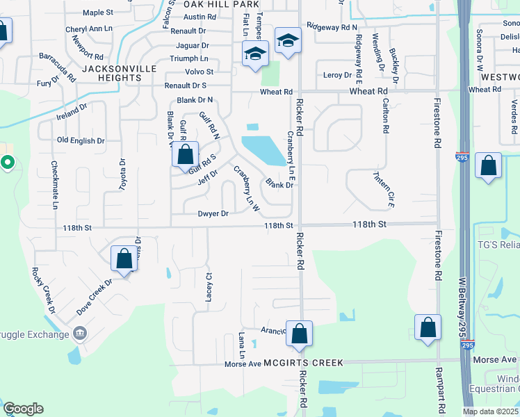 map of restaurants, bars, coffee shops, grocery stores, and more near 6319 Cranberry Lane West in Jacksonville