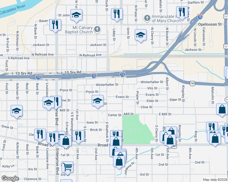 map of restaurants, bars, coffee shops, grocery stores, and more near 340 White St in Lake Charles