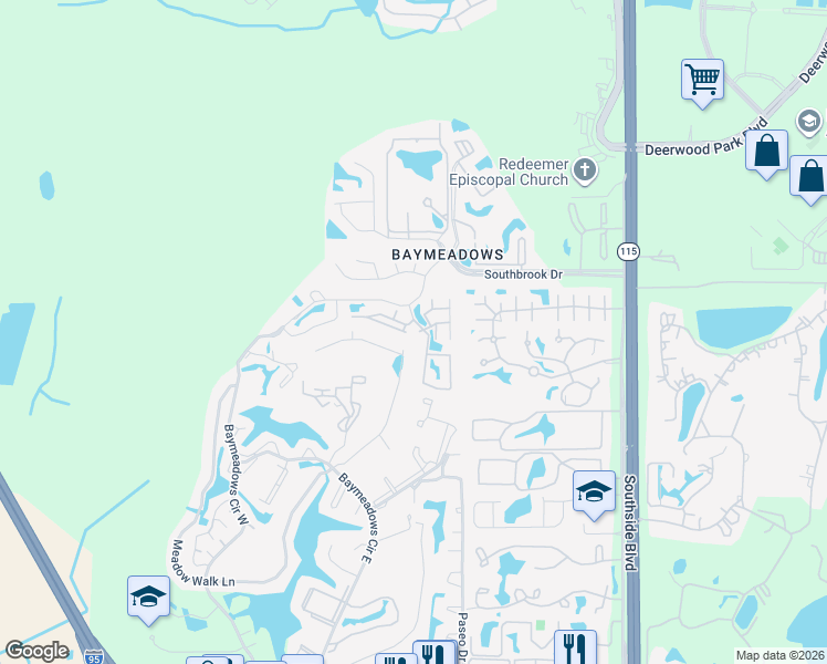map of restaurants, bars, coffee shops, grocery stores, and more near 7595-5 Baymeadows Ap in Jacksonville