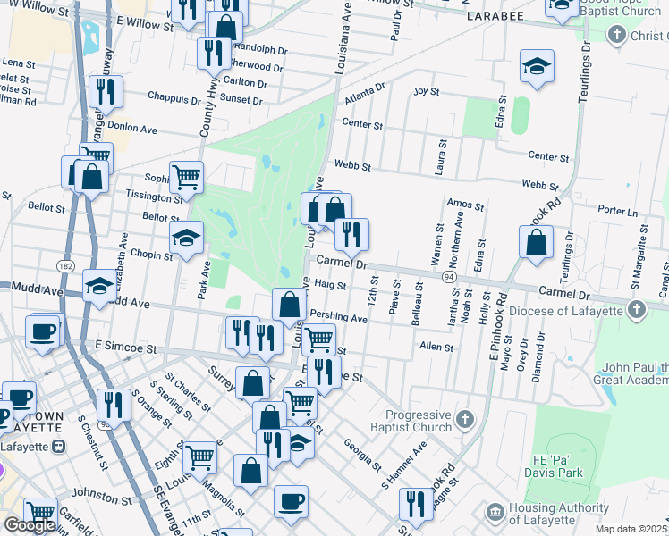map of restaurants, bars, coffee shops, grocery stores, and more near 410 Verdun Street in Lafayette