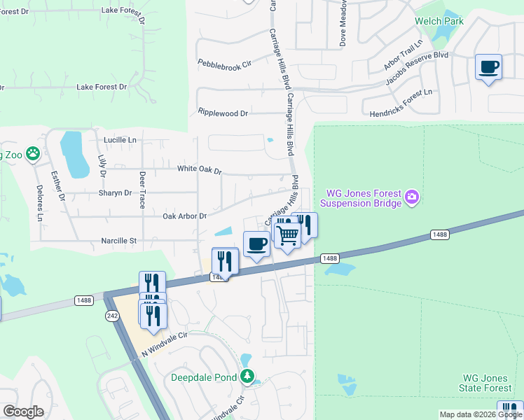 map of restaurants, bars, coffee shops, grocery stores, and more near 9010 Meacom Drive in Conroe