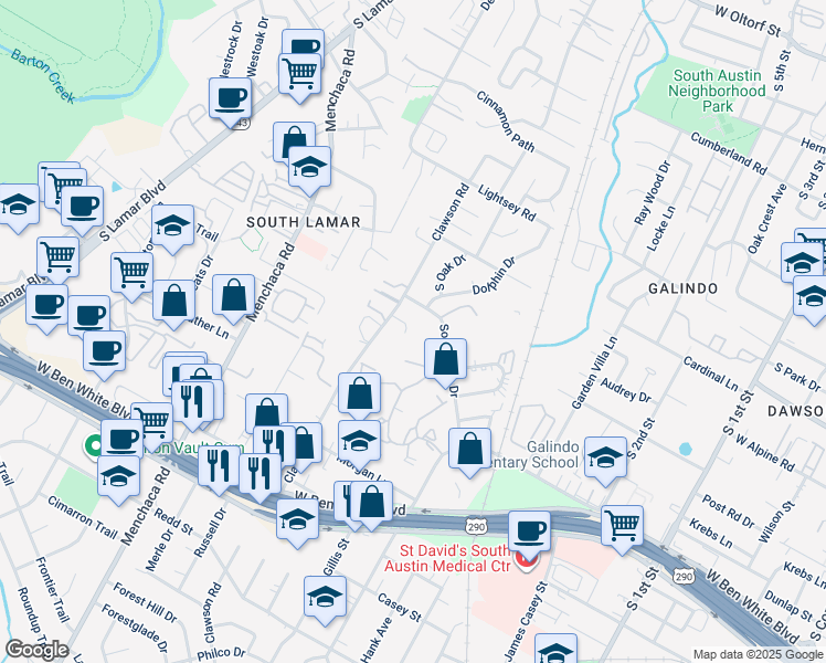 map of restaurants, bars, coffee shops, grocery stores, and more near 1600 Southgate Circle in Austin