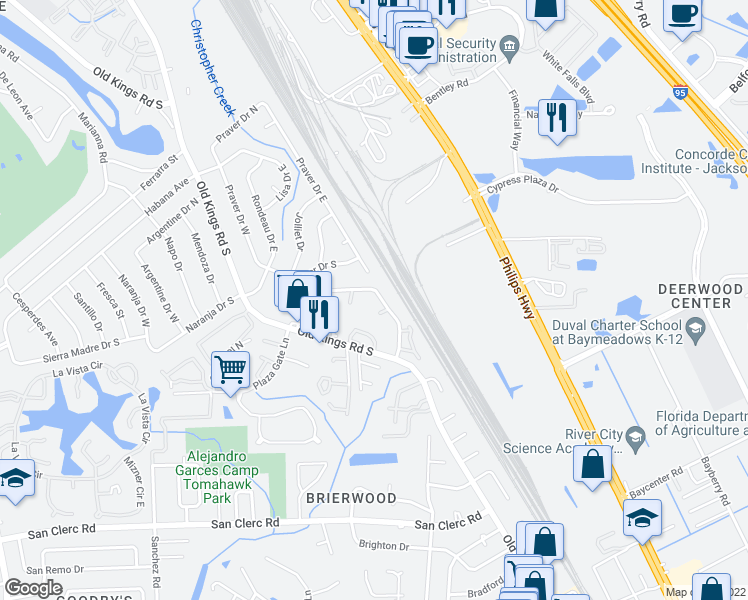 map of restaurants, bars, coffee shops, grocery stores, and more near 8108 San Jose Manor Drive East in Jacksonville