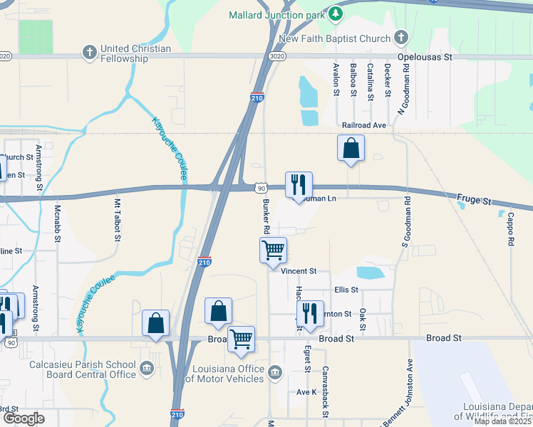 map of restaurants, bars, coffee shops, grocery stores, and more near 402-600 Bunker Road in Lake Charles