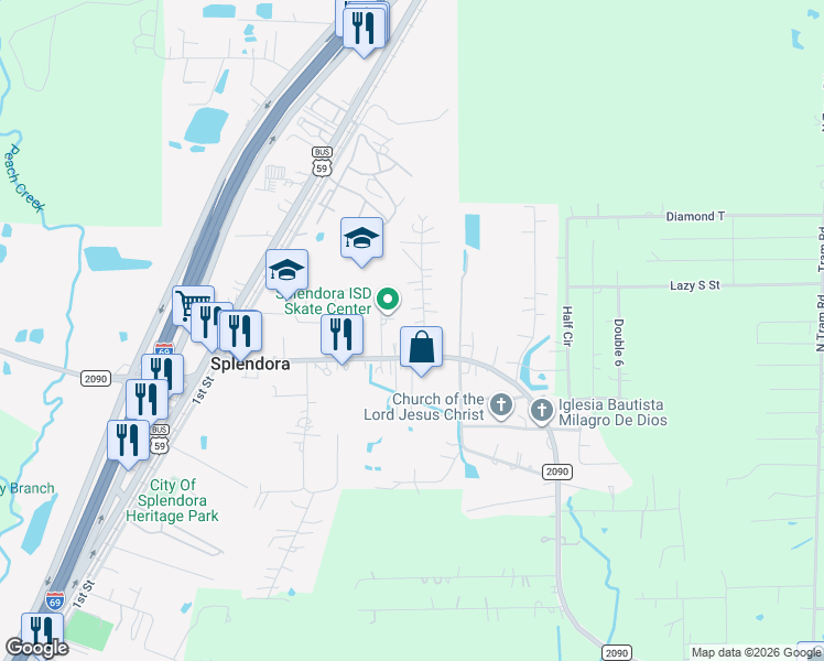 map of restaurants, bars, coffee shops, grocery stores, and more near 14590 Groves Road in Splendora