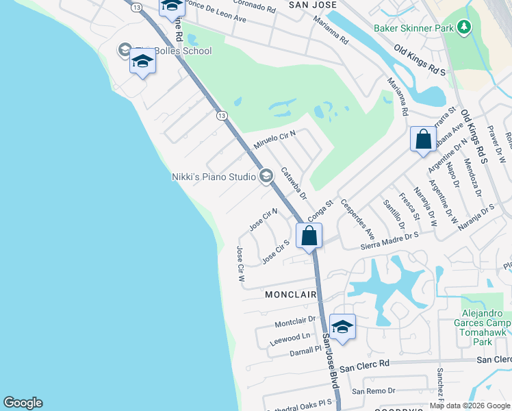 map of restaurants, bars, coffee shops, grocery stores, and more near 3663 Airlie Lane in Jacksonville