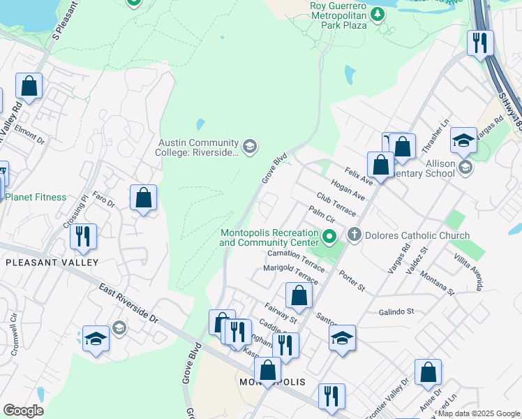map of restaurants, bars, coffee shops, grocery stores, and more near 1201 Grove Boulevard in Austin