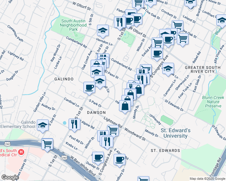 map of restaurants, bars, coffee shops, grocery stores, and more near 3004 Fontana Drive in Austin