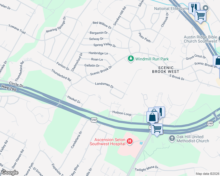 map of restaurants, bars, coffee shops, grocery stores, and more near 8101 Landsman Drive in Austin