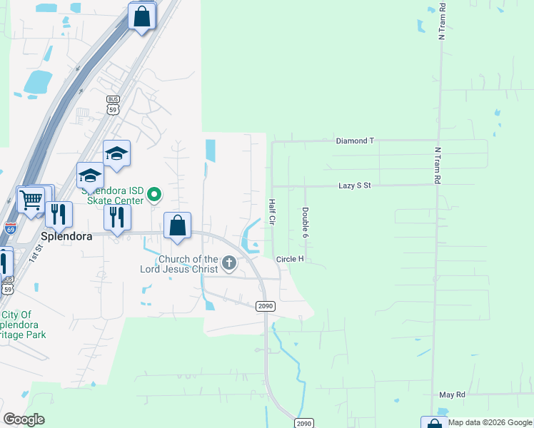 map of restaurants, bars, coffee shops, grocery stores, and more near 14461 Splenwood Drive in Splendora
