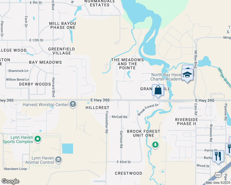 map of restaurants, bars, coffee shops, grocery stores, and more near 104 Lakeview Terrace in Lynn Haven