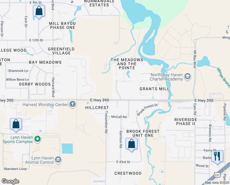 map of restaurants, bars, coffee shops, grocery stores, and more near 104 Lakeview Terrace in Lynn Haven