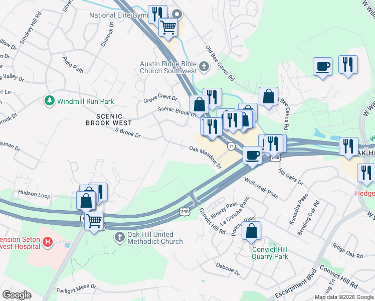 map of restaurants, bars, coffee shops, grocery stores, and more near 7303 Oak Meadow Drive in Austin