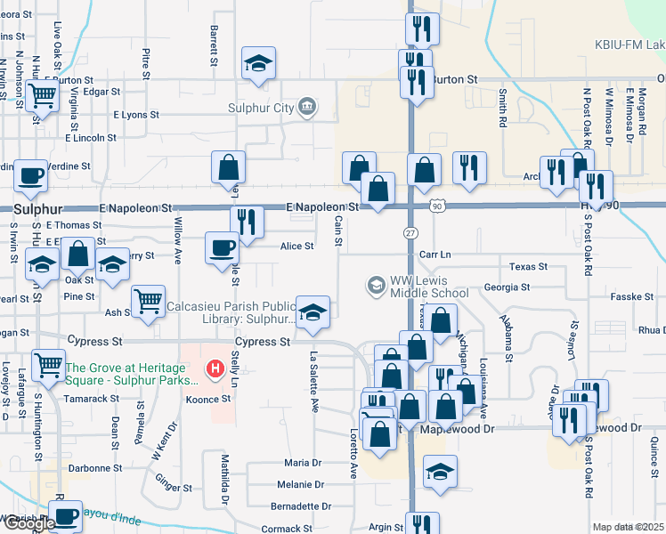 map of restaurants, bars, coffee shops, grocery stores, and more near 322 Cain Street in Sulphur