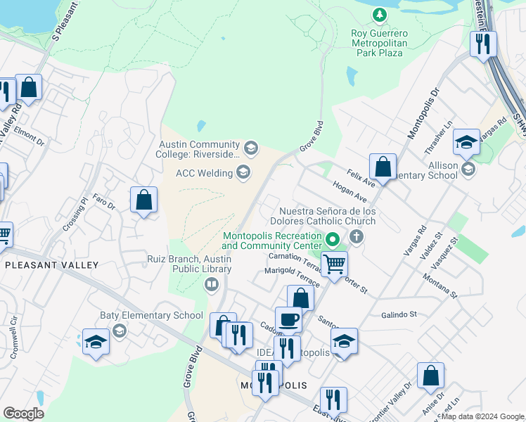 map of restaurants, bars, coffee shops, grocery stores, and more near 1201 Grove Boulevard in Austin