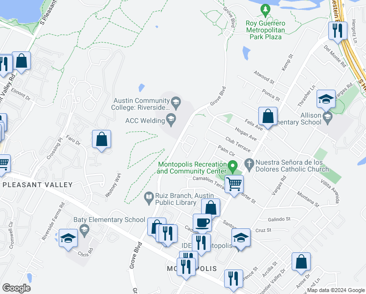 map of restaurants, bars, coffee shops, grocery stores, and more near 1201 Grove Boulevard in Austin
