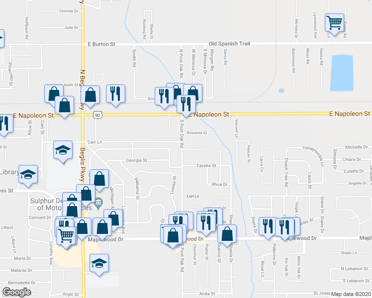 map of restaurants, bars, coffee shops, grocery stores, and more near 295A South Post Oak Road in Sulphur