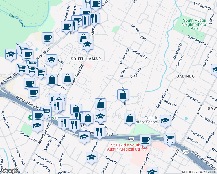 map of restaurants, bars, coffee shops, grocery stores, and more near 3700 Clawson Road in Austin